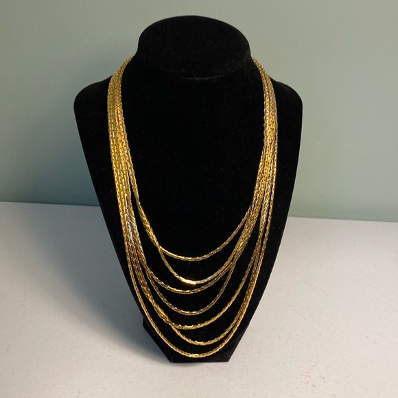 Vintage Nolan Miller 7 Strand Gold Tone Necklace with Rhinestone Clasp - Picture 1 of 6